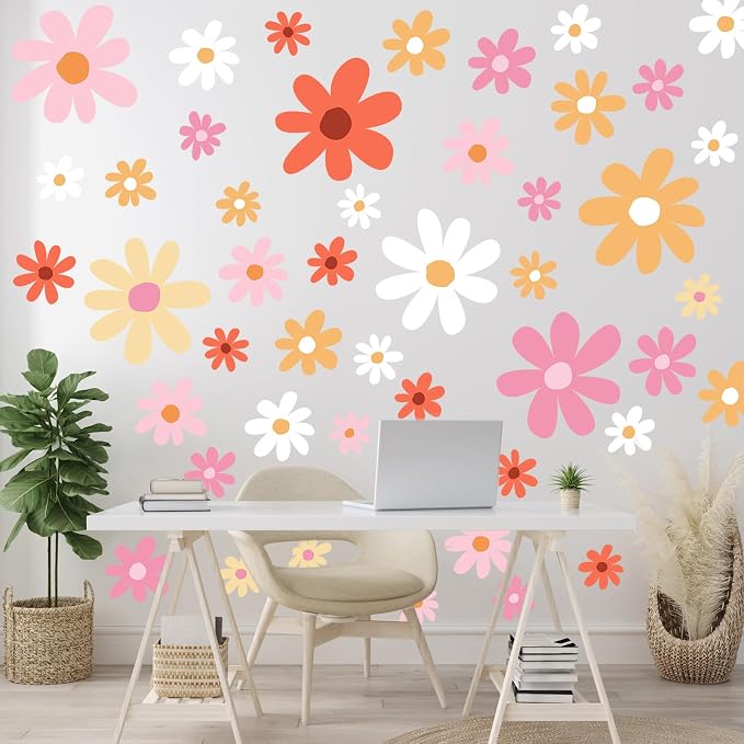 TaoBary 12 Sheet Daisy Wall Sticker Decal,Orange,Lovely Style | Big Flower Wall Sticker, Pink White Floral Decal, Daisy Bedroom Room Decor, Removable Peel and Stick, Nursery Home Wall Decor