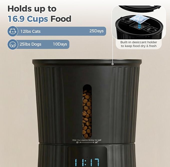 Sweetcrispy Automatic Cat Feeder, 4L Cat Food Dispenser with APP, Black | 2.4G WiFi, Applicable for Dry Food, 16.9 Cups, 10 Meals/Day, 50 Portions/Meal, 10s Voice Recorder, Dual Power Supply