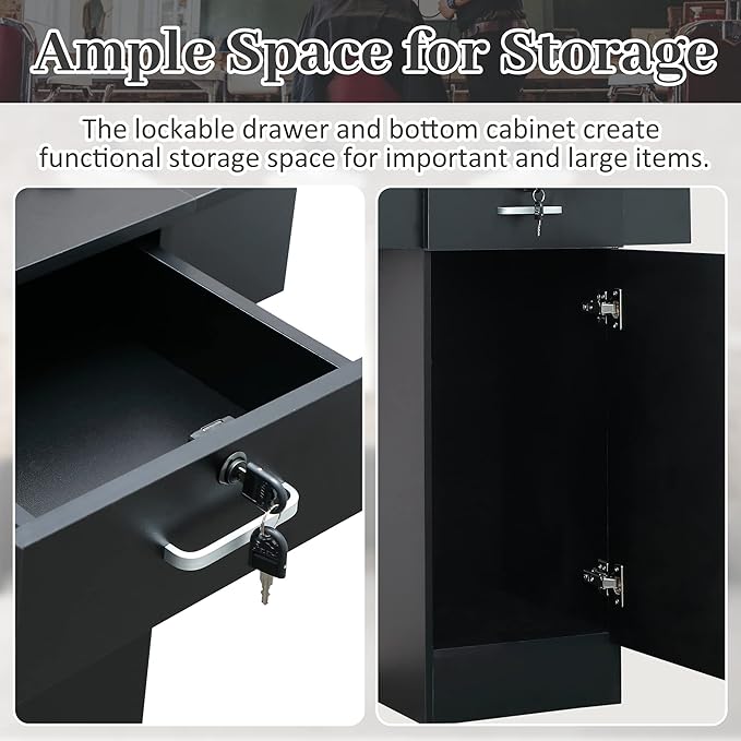 Salon Station for Hair Stylist,Hair Styling Organizer Equipment with Glass Door,6 Tool Dryer Holders, 2 Storage Cabinet ,Beauty Spa Barber Equipment, Black