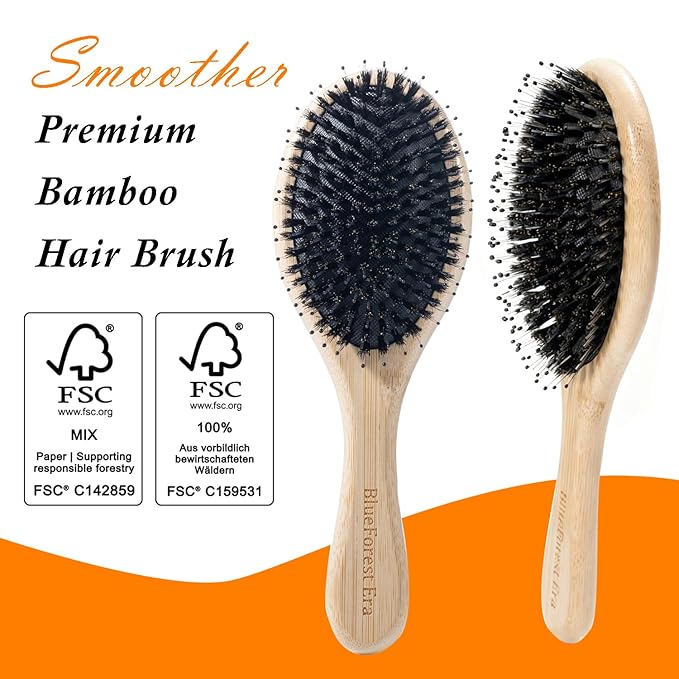 BlueForest Era Hair Brush, Boar & Nylon Bristle Hair Brushes for Women Men Kids, Natural Bamboo oval Paddle Handle Hairbrush for Wet or Dry Hair Adds Shine and Smoothing Massaging Detangling