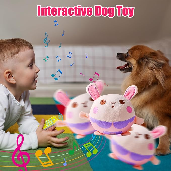 Interactive Plush Dog Toy - Bouncing Rolling Ball With Remote Control and Music, Self-Moving Pet Toy for Small/Medium/Large Bored Dogs (Rabbit)
