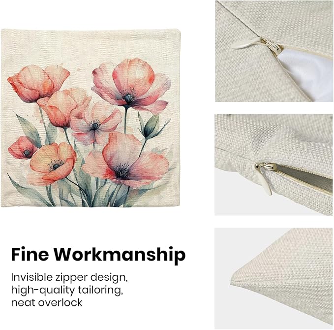 Spring Pillow Covers 18x18 Set of 2 Watercolor Orange Pink Floral Throw Pillow Cover Decoration Summer Seasonal Vintage Flower Farmhouse Decorative Cushion Cover for Home Sofa Outdoor Decor