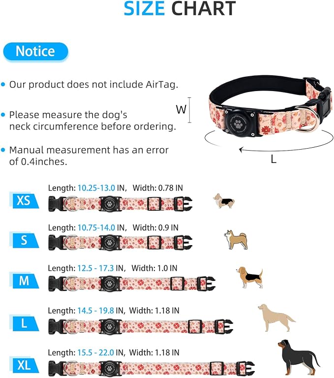 Upgrade Dog Collar with AirTag Holder, IP68 Waterproof, Peach Blossom, XL | Built-in Water Resistant AirTag holder, 1000D Nylon, Reflective Stitching for Night Visibility, Soft padding for Comfort