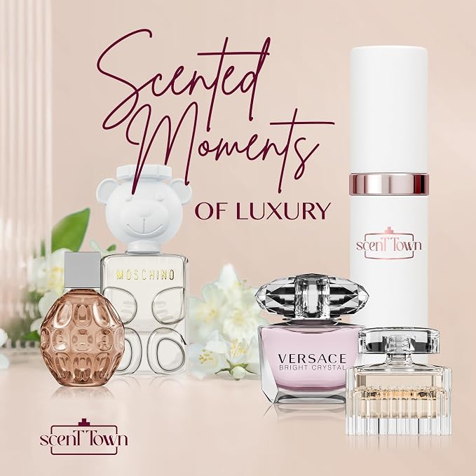 Scentown Mini Perfumes for Women (Set of 5) – Designer Perfume Samples for Women Packed in an Elegant Gift Box – Includes Moschino, Jimmy Choo, Chloé, Versace & Empty Refillable Perfume Atomizer