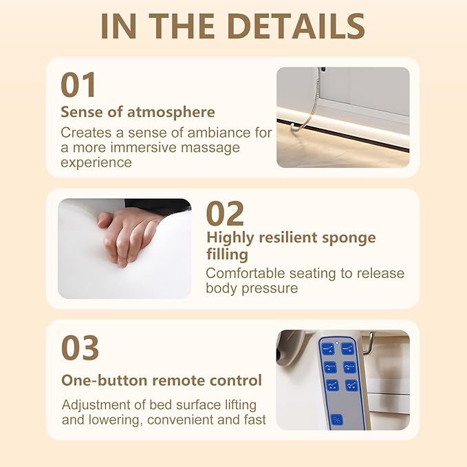 Massage Table - Electric Massage Table with White Ambient Light Design, Treatment Bed Includes Smart Adjustment, Ample Storage Space, Breathing Hole (White)