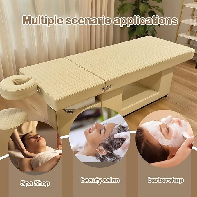 Head SPA Bed - Shampoo Bed with Beige Luxury Grid Pattern, Head SPA Equipment & Massage Table Includes Golden Waterfall Scalp Massage, Light Therapy, for Salon & Home