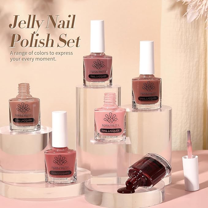 Born Pretty Jelly Nail Polish Set, 6 Colors Sheer Nude Natural Red Pink Brown Colors Quick Dry Nail Polish Jelly Transparent Spring Summer Fingernail Polish for DIY Nail Art Salon Home Gifts