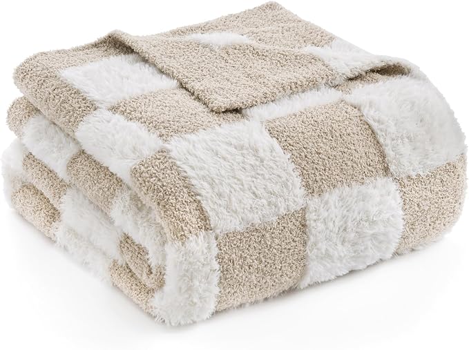 Snuggle Sac Checkered Throw Blanket Faux Fur Microfiber Blankets for Couch,Cozy Soft Warm Blanket for Sofa Bedroom Living Room,Beige Checker,60x80 inches