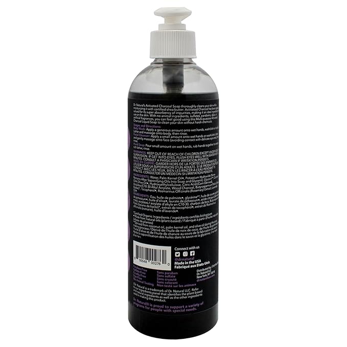 Dr. Natural Activated Charcoal Liquid Soap - Anti Acne and Blemishes - Deep Cleansing Body Wash - Gentle Body Soap for Clear Skin - Lavender - 16 oz (Pack of 2)