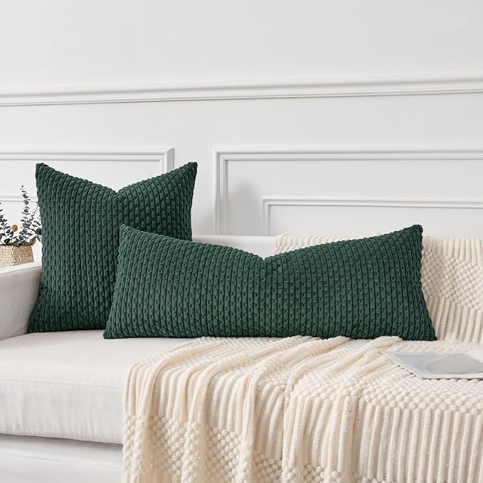 Kevin Textile Soft Corduroy 14"x36" Lumbar Pillow Cover 1 Pack, Army Green | Boho Stripe Plush Corduroy Decorative Oblong Cushion Cover Modern Farmhouse Home Decor for Sofa Couch Bed Chair