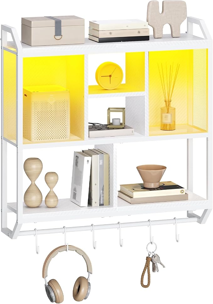 HOOBRO Gaming Floating Shelves with LED Lights, 28.7" LED Wall Mounted Shelf, 3-Tier Display Rack for Wall Storage, Floating Rack with Hanging Rod and 6 S-Hooks, for Gaming Room, White WT70DBJ01