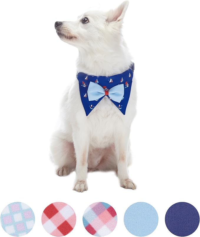 Blueberry Pet Nautical Navy Blue Sailboat Adjustable Dog Bandana Collar with Bow Tie, Small, Neck 12"-16"