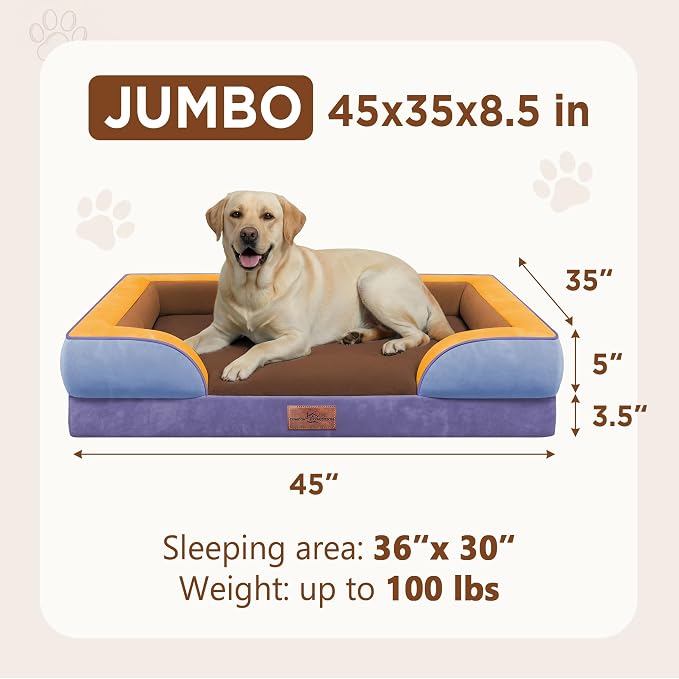 Comfort Expression Orthopedic Dog Bed for Extra Large Dogs with Bolster | Waterproof Dog Couch Bed with Washable Cover & Non-Slip Bottom, Supportive Egg Crate Foam XL Pet Bed, 45x35 Inch