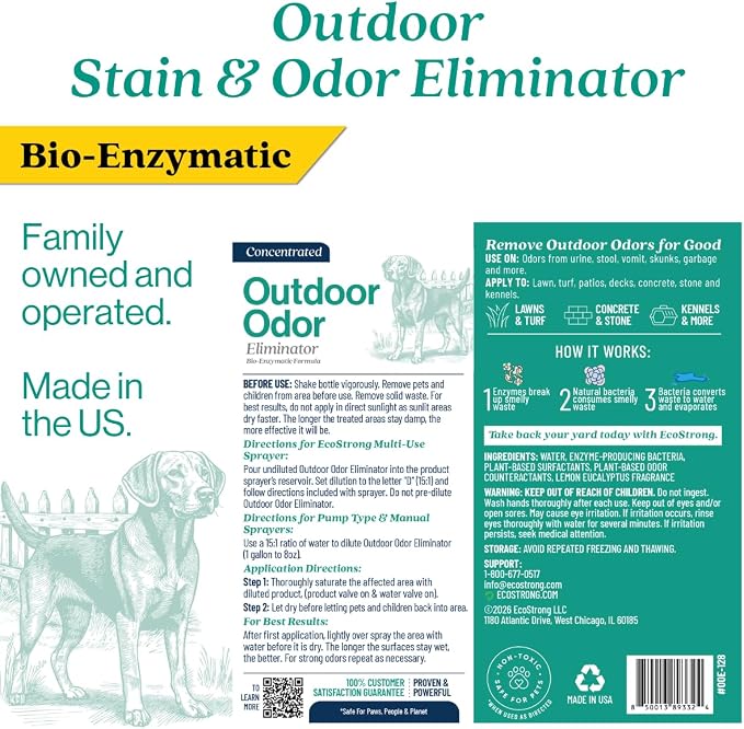 Eco Strong Outdoor Odor Eliminator | Outside Dog Urine Enzyme Cleaner – Powerful Pet, Cat, Animal Scent Deodorizer | Professional Strength for Yard, Turf, Kennels, Patios, Decks (Gallon with Sprayer)