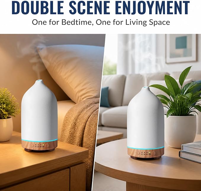 Gooamp 200ML Ceramic Essential Oil Diffuser (Set of 2) - Ultrasonic Aromatherapy & Humidifier with 7-Color LED Lights, Auto Shut-Off, Wood Grain Base, 1H/3H/6H Timer | Scent for Home, Office, Yoga