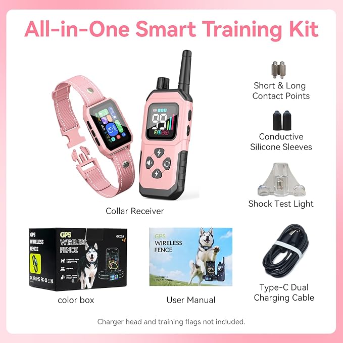GPS Wireless Dog Fence, 2-1 Smart GPS Wireless Dog Fence with Free APP | No Subscription Fees, IP67 Waterproof, Pet Containment System with 3 Training Mode Beep/Vibration/Static, for Dogs 10–120 lbs