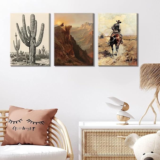 Western Cowboy Wall Art Set of 3, Vintage Southwestern Wall Decor Painting, Western Ranch Desert Farmhouse Poster Canvas Prints Aesthetic Pictures for Bathroom Bedroom Living Room Framed 12x16 inch