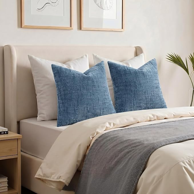 decorUhome Textured Chenille Throw Pillow Covers 20x20 Set of 2 Blue | Fall Modern Farmhouse Soft Cozy Slubby Couch Pillow Cases Boho Decorative Pillow Cases for Bed Sofa Living Room Home Decor
