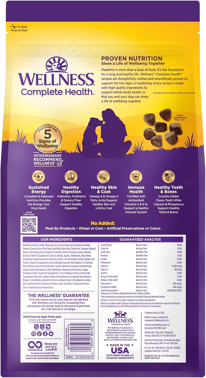 Wellness Complete Health Adult Dry Dog Food, Wholesome Grain Kibble, Natural, Chicken and Oatmeal Recipe, 5 lb Bag
