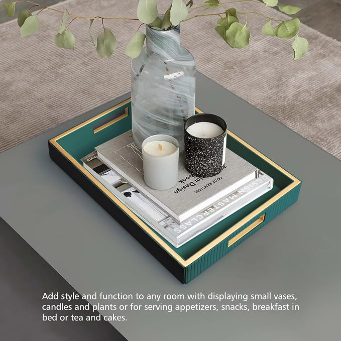 Leather Tray Desktop Storage Organizer, Rectangle Valet Tray, Green | Premium Serving Trays with Handles, Decorative Tray Desk Organizer for Sundries Cosmetics Phone Wallet Keys Cutlery