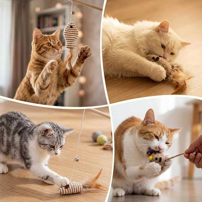 Leitee 16 Pcs Interactive Cat Toys for for Indoor Cats Set, Wooden Cat Wand Toywith Bells Feather Handle Chew Rope Mouse Sisal Balls Kitty Toys for Play Chase Exercise (Brown)