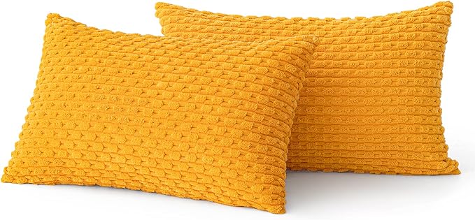 MIULEE Lumbar Decorative Throw Pillow Covers 12x20 Golden Yellow Corduroy | Textured Striped Pack of 2 Striped Pillow Covers Modern Farmhouse Home Decor for Couch Bed Sofa Living Room