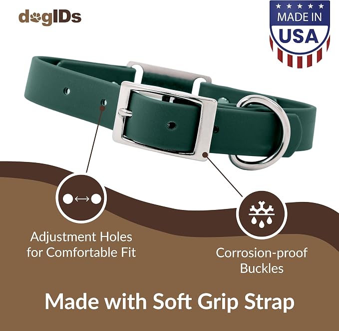 dogIDs Personalized Dog Collar – ScruffTag Custom Waterproof Biothane Dog Collar with Laser-Engraved Name, Durable & Odor-Resistant – USA Made | Hunter Green, 3/4 in x 16 in (Fits Neck Sizes 14-18 in)