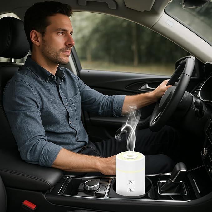 SEEDSEEL 100ML Car Essential Oil Diffuser, Rechargeable Battery Powered, Cordless Portable Humidifier with 7 LED Color Changing Lights for Travel (White)