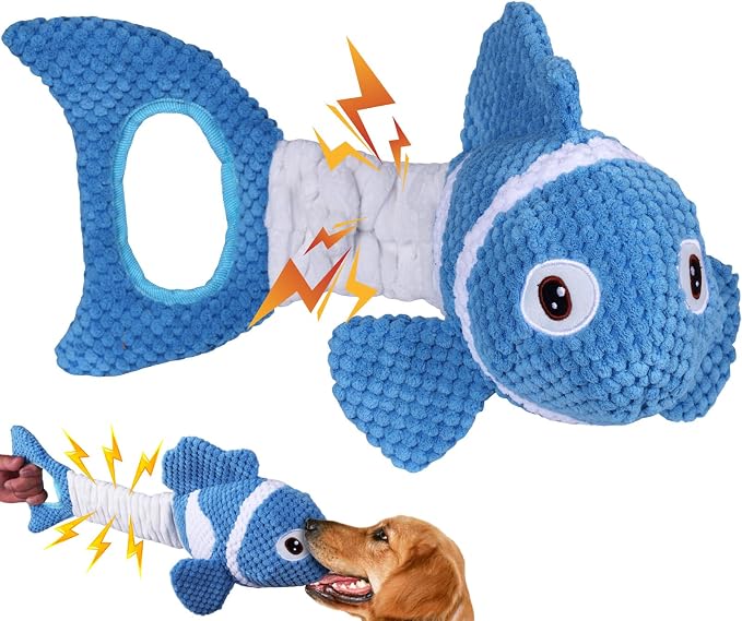 Squeaky Clownfish Dog Toy, Stretchable Plush Tug Toy, Blue