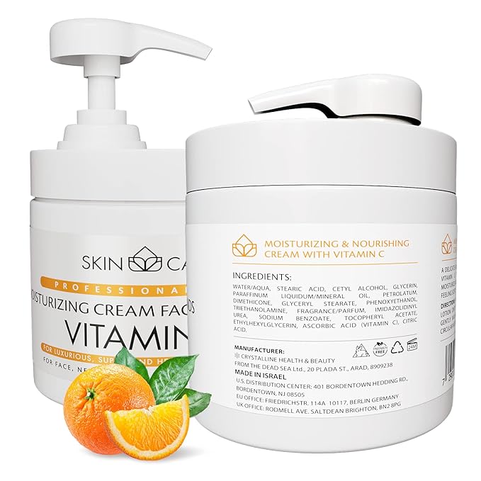 Skin Care Vitamin C 3-in-1 Moisturizer Face Cream, Neck and Hands - Treatment for Crepey Texture, Wrinkles and Sagging - Daily Lotion for All Skin Types - 16.9 fl. oz.