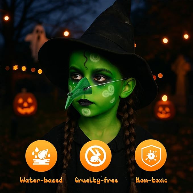 Halloween Green Witch Makeup Kit,1.01oz Water Based Green Face Body Paint+Witch Fake Nose+Black Eye black+Sponge,Elphaba Cosplay Costume for Kids & Adults,Safe Face Painting SFX Makeup Kit