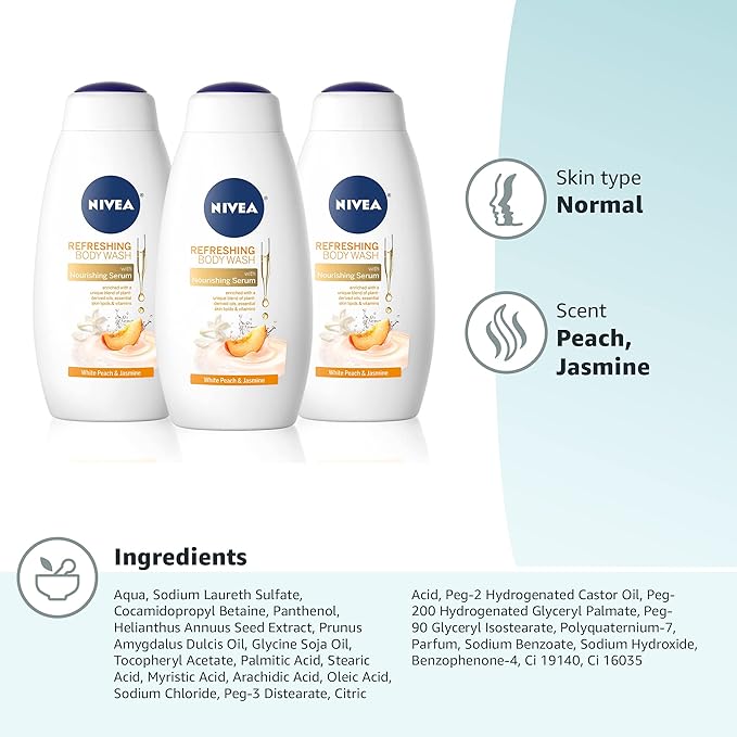NIVEA Refreshing White Peach and Jasmine Body Wash with Nourishing Serum,Scented Body Wash for Women,Enriched with Provitamin B5 and Vitamin E,20 Fl Oz Bottle,(Pack of 6)