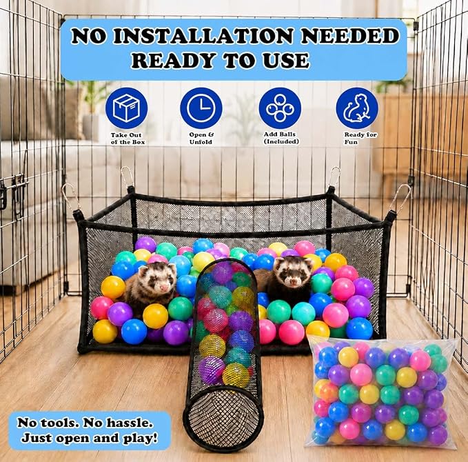 Ferret Ball Pit Hammock for Cage with 60 Colorful Play Balls, Interactive Hanging Enrichment Toy, Compatible with Ferret Tunnel Systems, Fun Activity Center for Ferrets and Small Animals