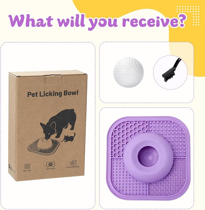 Slow Feeder Dog Bowls & Lick Mat for Liquid and Thick Treat, Anti-Slip Dog Lick Bowl with Interactive Rolling Ball, 5/6 Cup Pup Licking Toy for Large Medium Small Dogs and Cats Purple