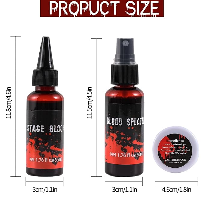 Halloween Fake Blood Spray Makeup Kit Fake Blood Washable for Scar Wound and Clothes Realistic Face Paint Wounds Costume Blood For Vampire, Zombie, Clown Cosplay Red blood01