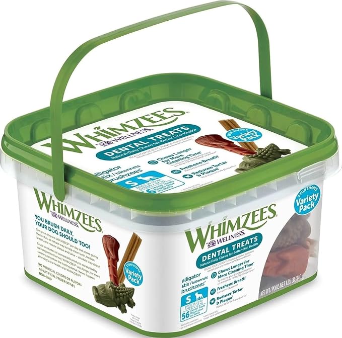 Whimzees Wellness Variety Pack Natural Dog Dental Treat, Chews, Freshens Breath, Small Size, 29.6 oz Box, 56 Count