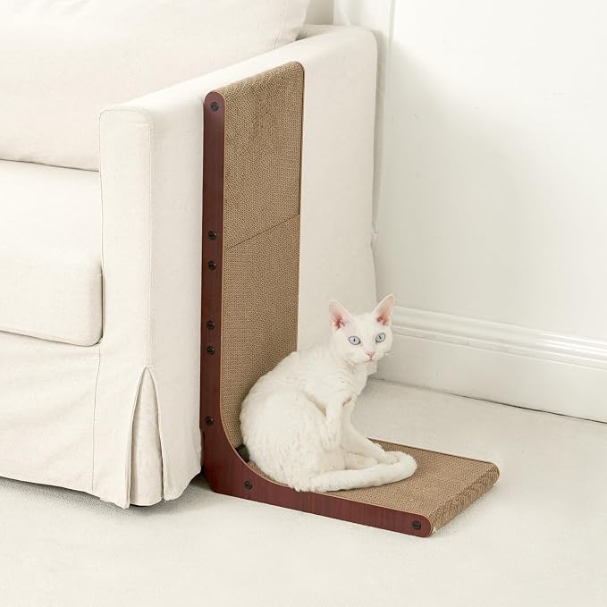EHEYCIGA Cardboard Cat Scratcher for Indoor Cats, 32 Inch, Dark Brown | L Shaped Scratching Post, Vertical Cat Scratching Board with Ball Cat Toy, Furniture Protector, Extra Large Cat Scratch Pad