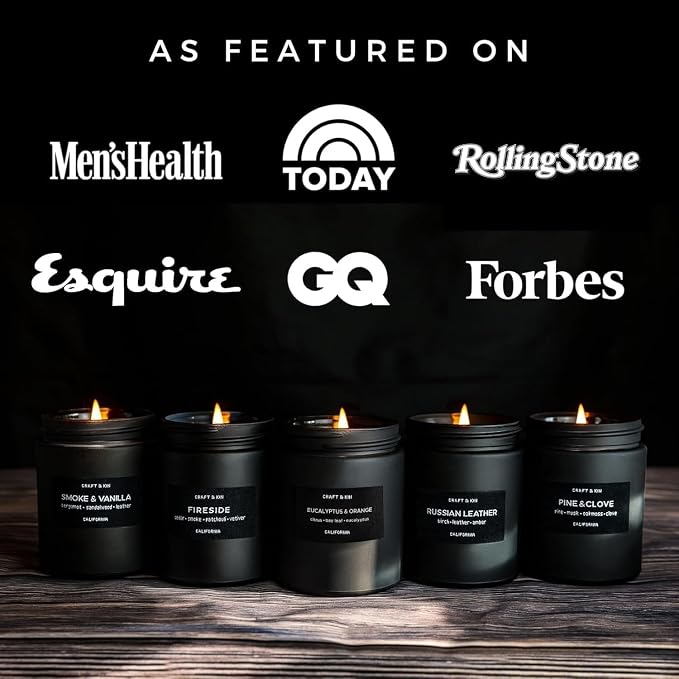 Craft & Kin Premium Orange & Eucalyptus Scented Candle – Long Lasting, 45 Hour Burn Time – Luxury Black Natural Soy Scented Candle for Men with Wood Wick – Room Decor and Aromatherapy – 7.6 oz