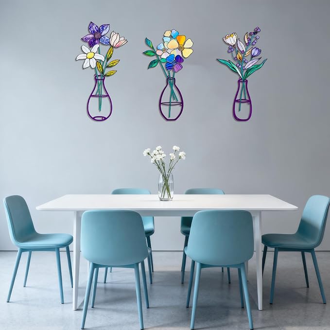 3 Pcs Metal Flowers Wall Arts,Metal Vase Wall Art,Iron Art Painting,Rustic Farmhouse Decor Minimalist Flower Wall Decor for Bedroom Bathroom Living Room Dining Room (Set F)