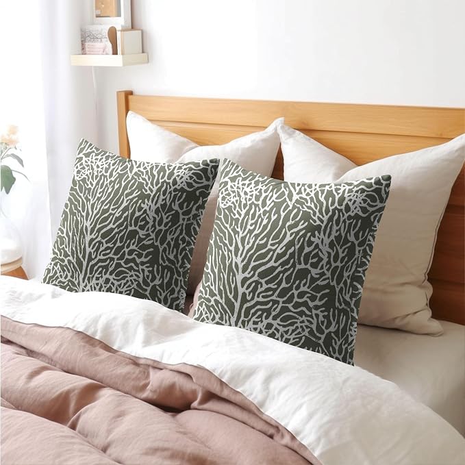 Nautical Coastal Coral Pillow Covers 24x24 Inch Set of 2 Summer Ocean Beach Sage Green Decorative Pillow Cases Outdoor Linen Cushion Cover Farmhouse Decor for Bedroom Home Sofa Couch Bed