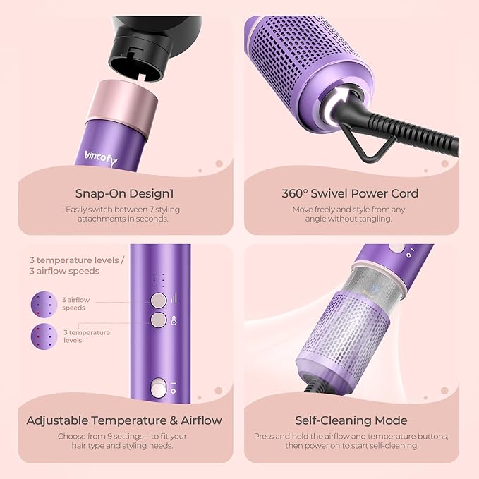 Vincofy 7-in-1 Hair Dryer Brush and Hair Styler Set – Fast Drying, Curling, Straightening & Volumizing – Hot Air Styling Tool with No Heat Damage – for All Hair Types – Purple