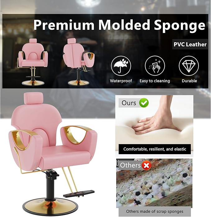 Barber Salon Chair, Reclining Hair Salon Chair, 360 Degrees Swivel Styling Chair, Height Adjustable Hydraulic Shampoo Chairs, Spa Equipment (Pink)