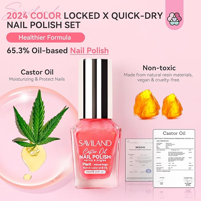 SAVILAND 6pcs Ombre Nail Polish Sets: Charm Pink Blue Gold Purple Pearl Summer Fingernail Polish Colors Air Quick Dry Nail Polish Plant-base Castor Oil Natural Nail Lacquer Women Home Manicure DIY
