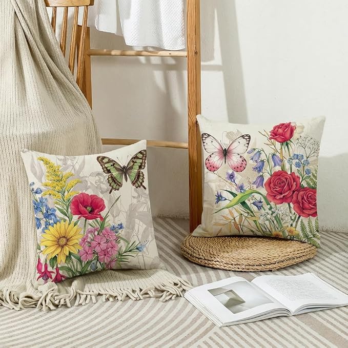 wyooxoo Throw Pillow Covers 20x20 Set of 4 Decorative Spring Pillow Covers Linen Flower Butterfly Farmhouse Pillowcases for Sofa Couch Living Room Outdoor