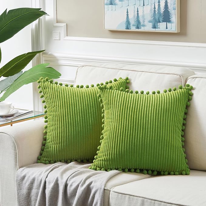 Fancy Homi Pack of 2 Lime Green Decorative Throw Pillow Covers with Pom-poms, Soft Corduroy Solid Square Cushion Cases Set for Couch Sofa Bedroom Car Living Room (20x20 Inch/50x50 cm, Lime Green)