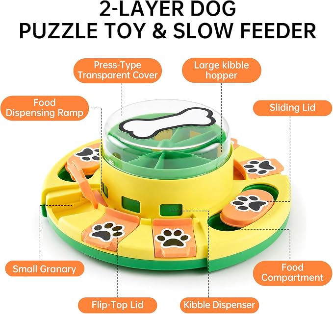 Dog Puzzle Toy 2 Levels, Slow Feeder, Pup Food Treat Feeding Dispenser for IQ Training and Entertainment for All Breeds,Green with Pattern