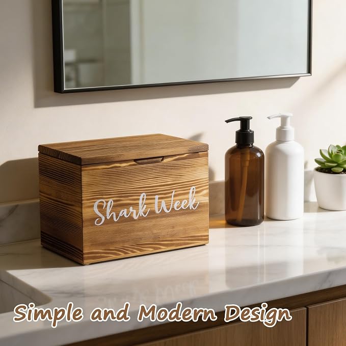 Tampon Holder for Bathroom Decor, Wood Feminine Product Organizer with Lid, Shark Week Tampon Storage, Pad and Tampon Organizer, Brown