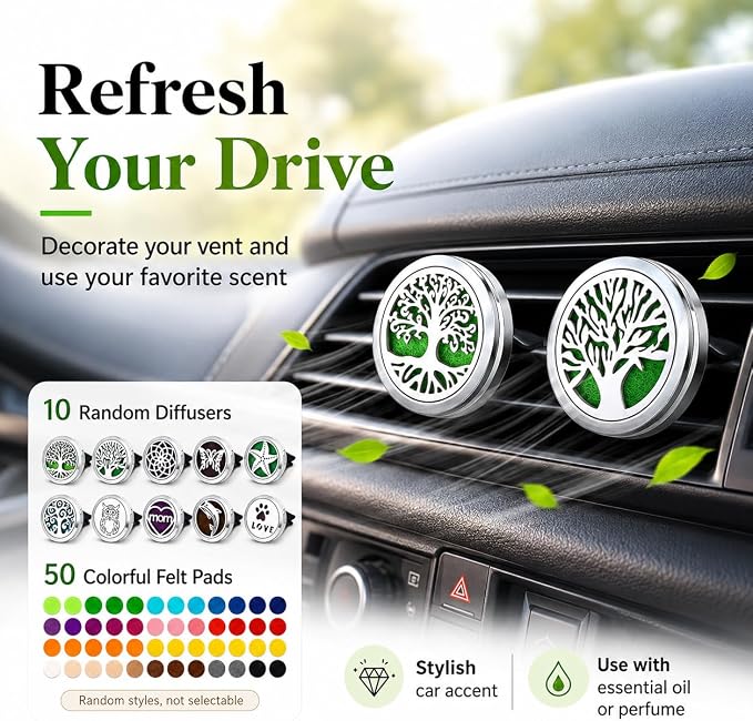 10 Pack Car Vent Essential Oil Diffuser Clips, Silver Metal Car Air Freshener Vent Clips with 50 Colorful Felt Pads Reusable Car Aroma Diffuser for Essential Oils (D)