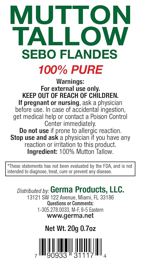 Germa Mutton Tallow Cream - 100% Pure Sebo Flandes Moisturizer for Hands & Sunburn Relief, Adult Skin Care, 0.7oz