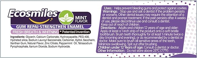 Ecosmiles Fluoride Free Gum Health & Whitening Toothpaste, for Bleeding Gums & Gingivitis, Reduces Tooth Sensitivity, Repairs Enamel & Removes Plaque, with Hydroxyapatite, SLS Free, Mint, 3.52 oz